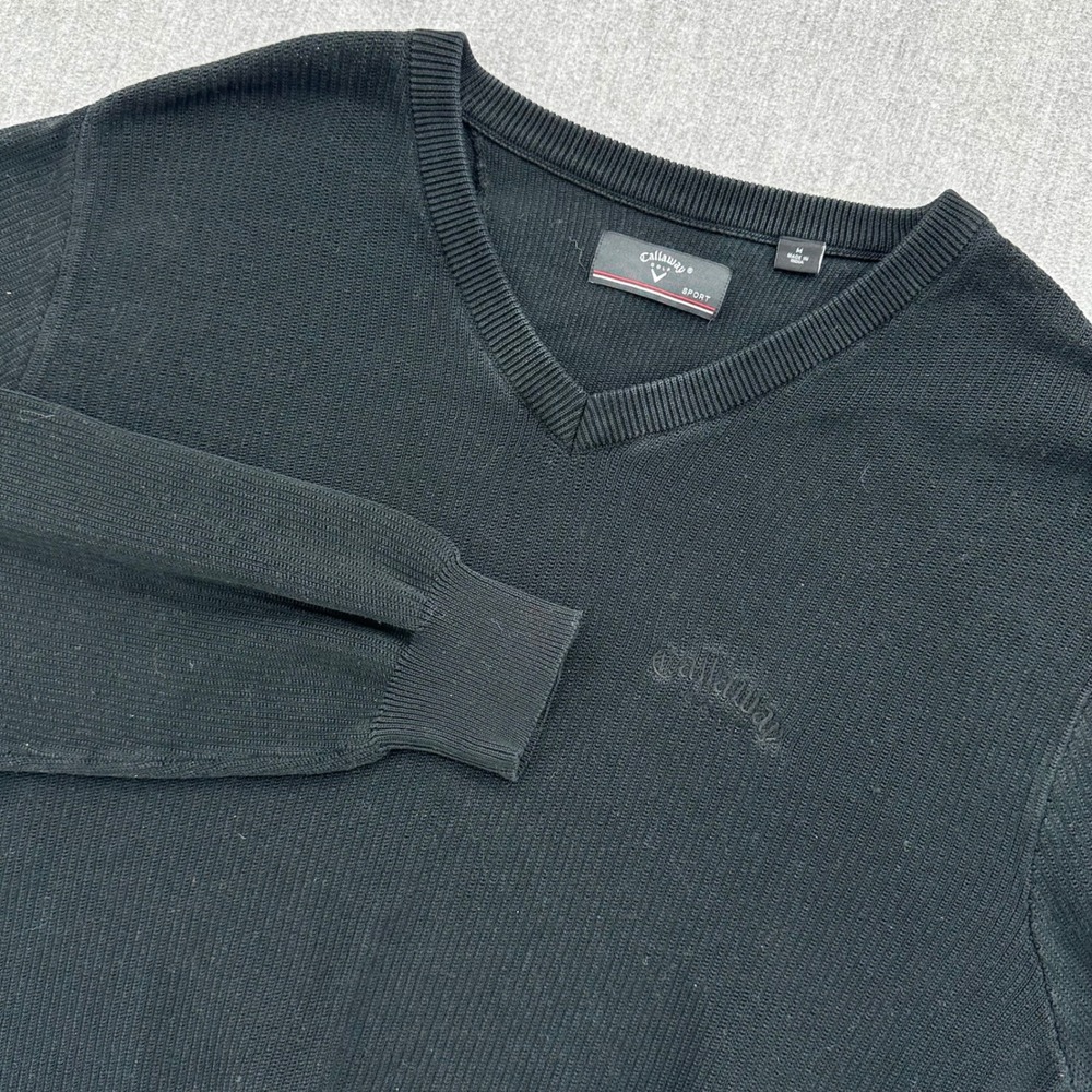 Callaway Golf Knit Sweater Mens Medium Black V-Neck Ribbed 100%‎ Cotton